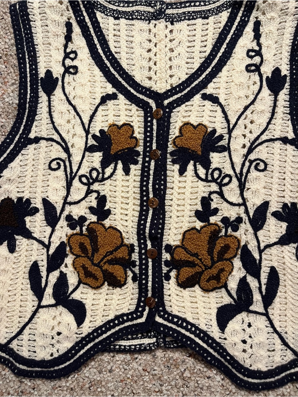 Crocheted Floral Button-Front Vest in Cream, Black & Mustard - Picture 2 of 6